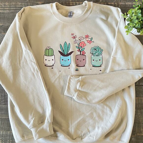 Handmade Tops - Kawaii Succulents Crewneck Sweatshirt, Plant Lover, Cactus